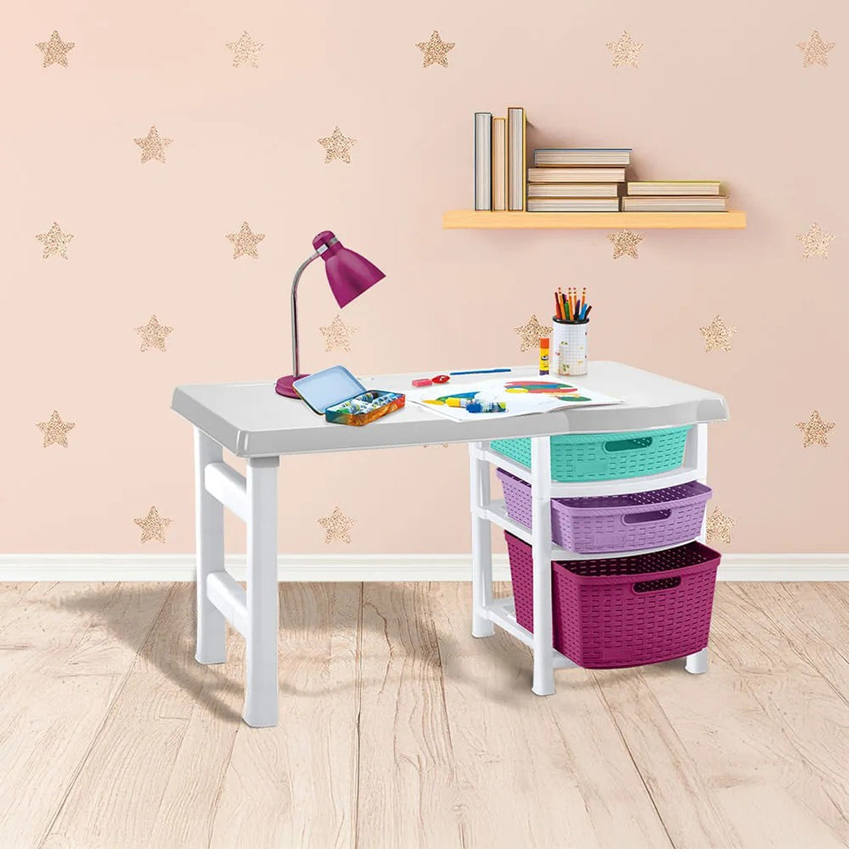 Combo Estudio Infantil Blanco y Rosado Fuerte 88x50cm con Un Escritorio Una Silla y Una Cajonera de Cuatro Gavetas