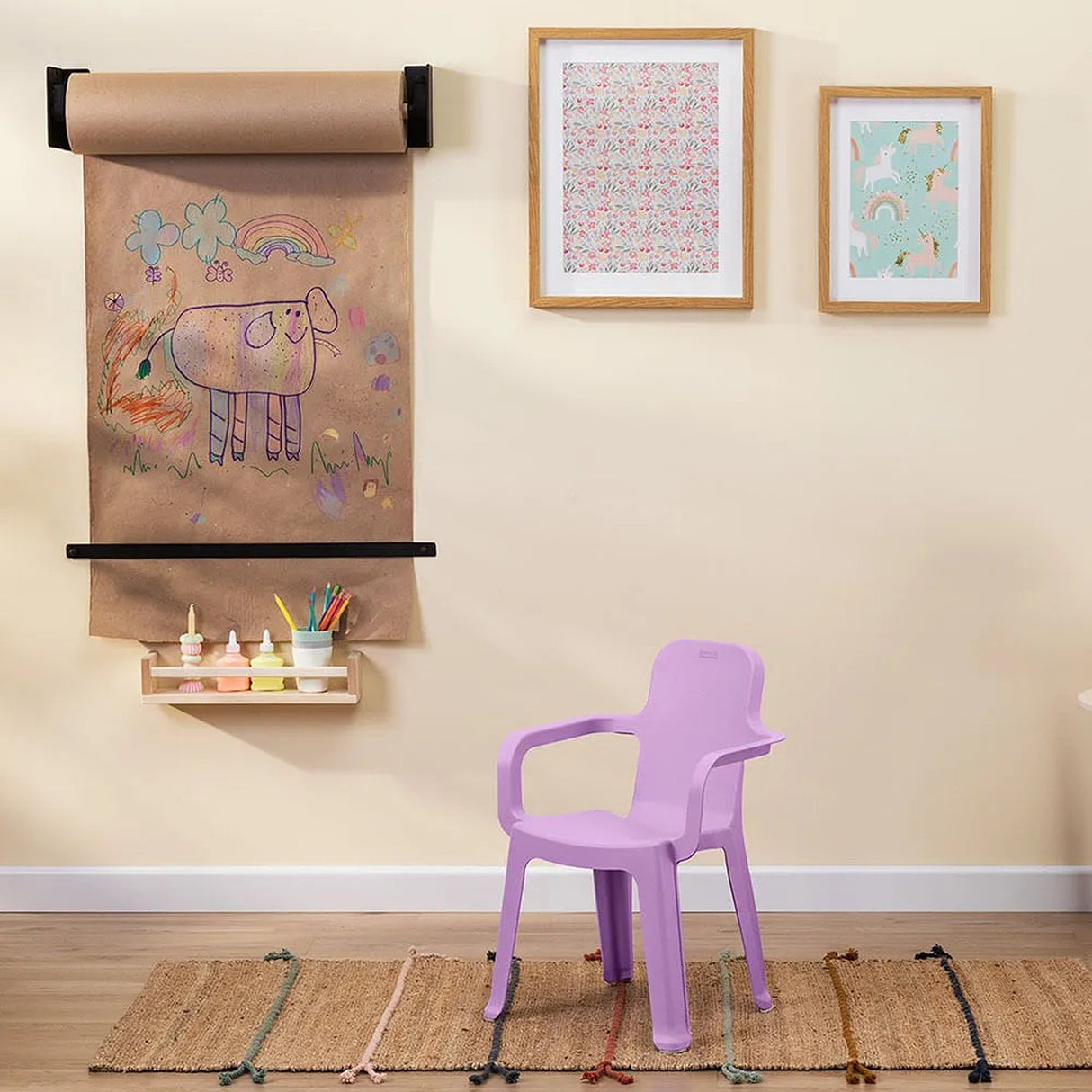 Combo Estudio Infantil Blanco y Lavanda 88x50cm con Un Escritorio Una Silla y Un Armario