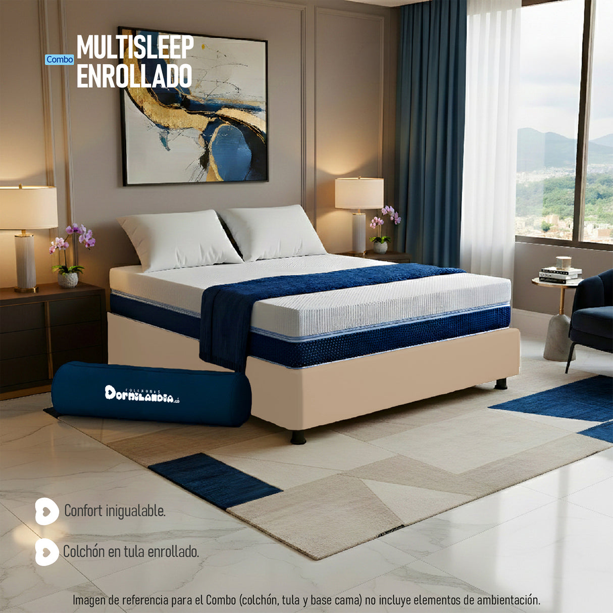 Combo Base Cama y Colchón Enrollado Multisleep Blanco y Arena Queen 160 X 190 Cm Firmeza Medio Doble Faz