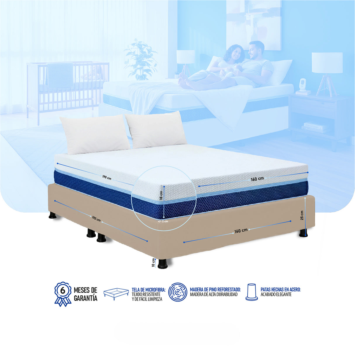 Combo Base Cama y Colchón Enrollado Multisleep Blanco y Arena Queen 160 X 190 Cm Firmeza Medio Doble Faz