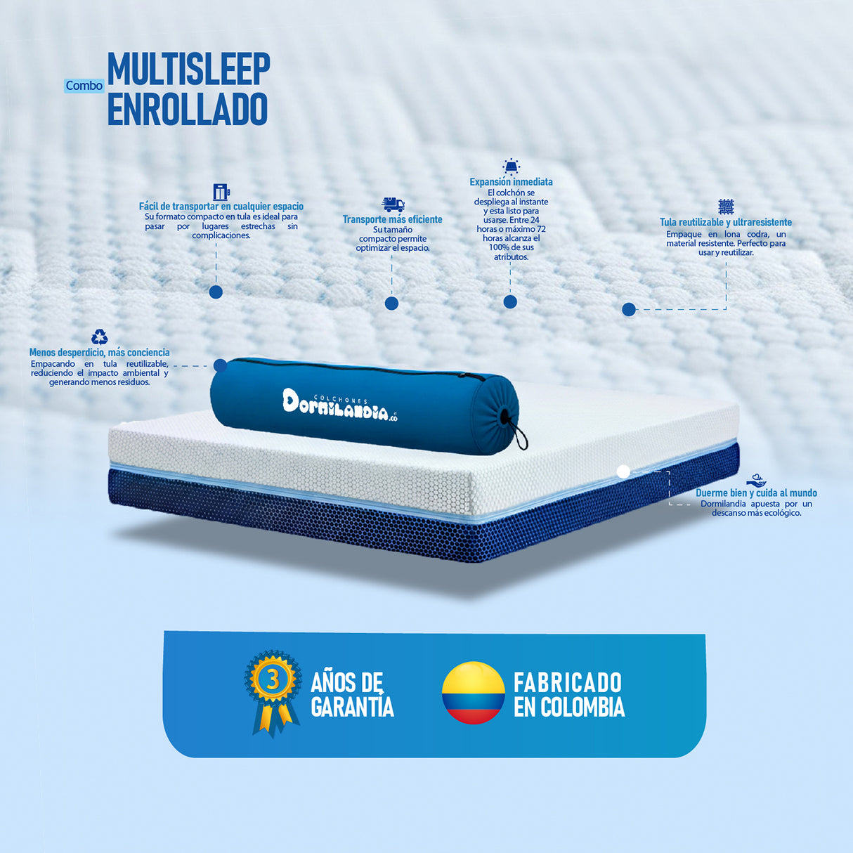 Combo Base Cama y Colchón Enrollado Multisleep Blanco y Arena Queen 160 X 190 Cm Firmeza Medio Doble Faz