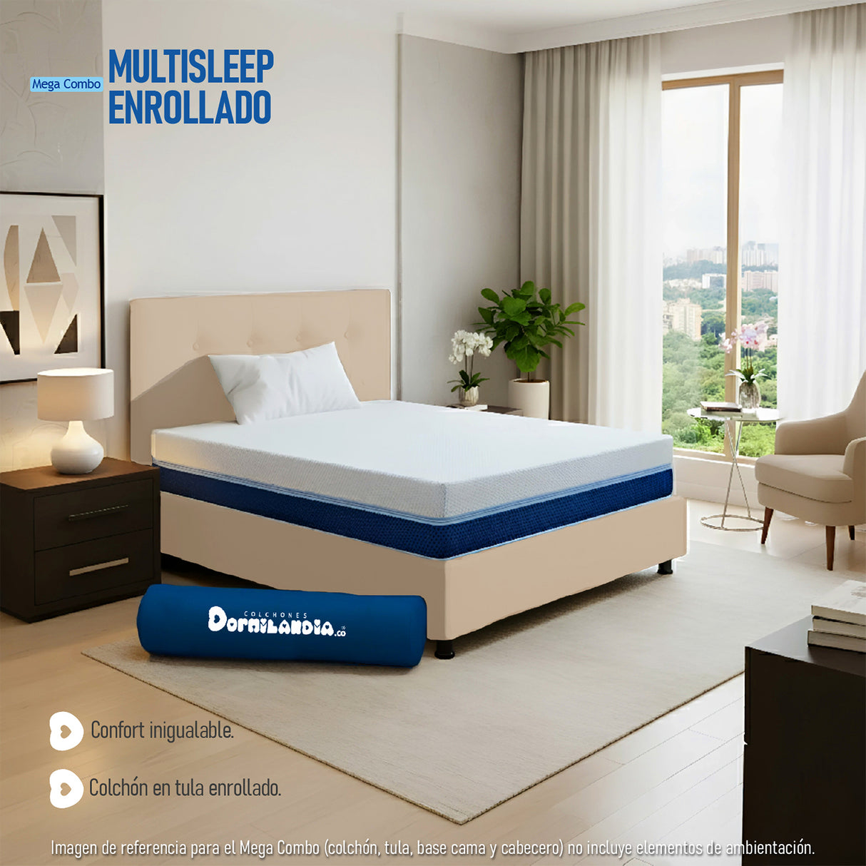 Combo Colchón Enrollado Multisleep Blanco y Arena Sencillo 100 X 190 Cm Firmeza Medio Doble Faz Con Cabecero y Base Cama