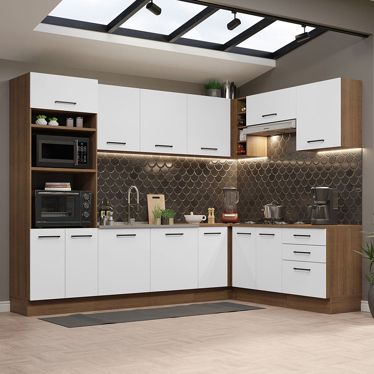 Cocina Integral Agata Marrón y Crema 479x225cm sin Mesón para Pozuelo Izquierda y sin Estufa