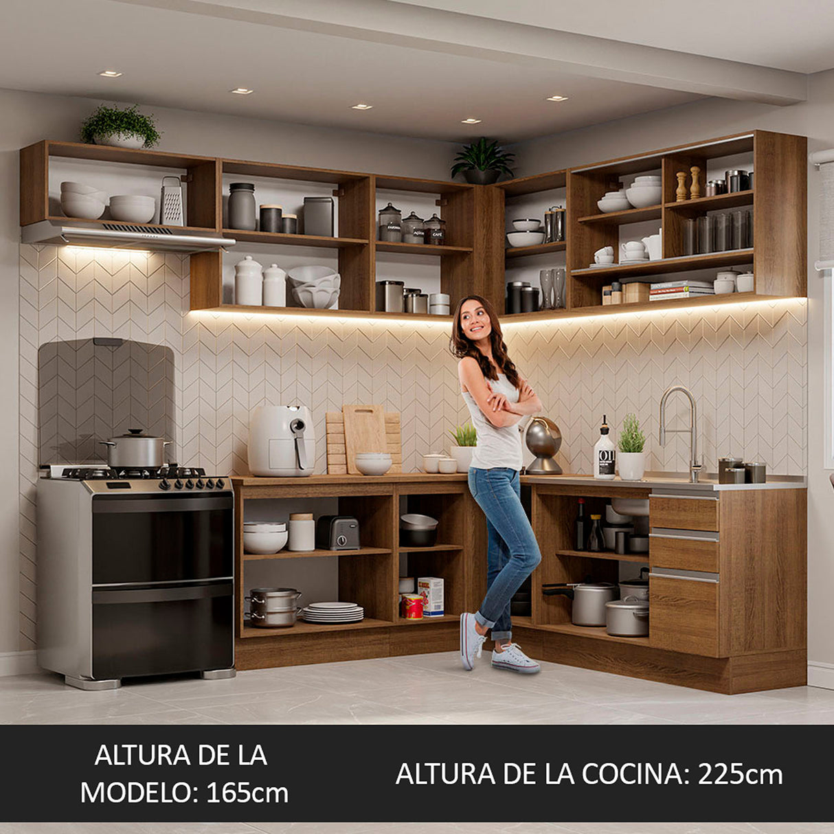 Cocina Integral Glamy Marrón 469x225cm sin Mesón para Pozuelo Izquierda y sin Estufa