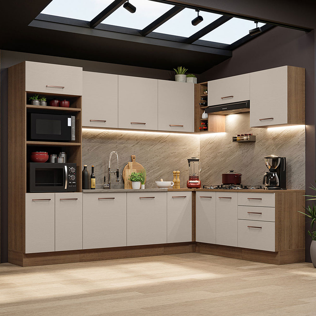 Cocina Integral Glamy Marrón 469x225cm sin Mesón para Pozuelo Izquierda y sin Estufa