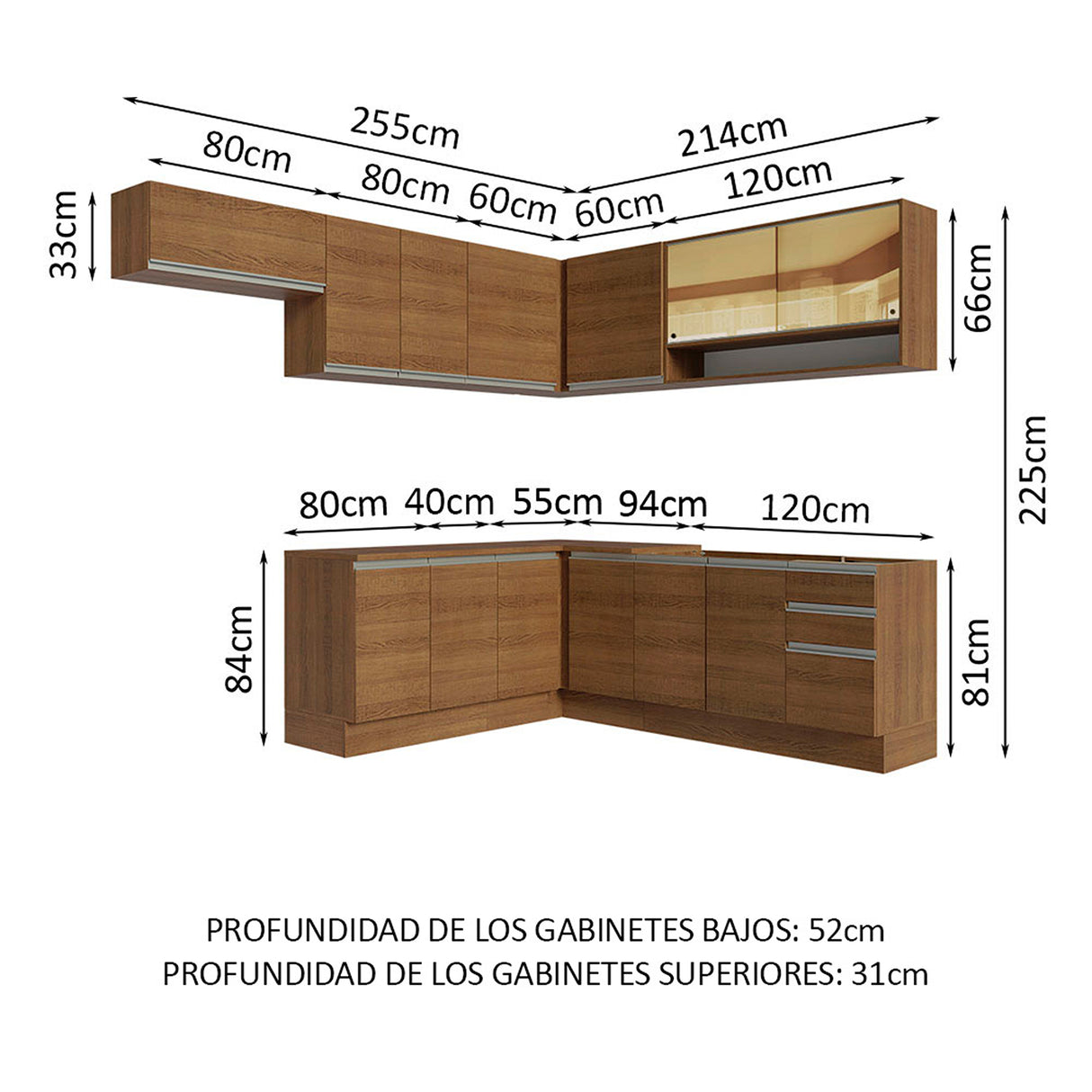 Cocina Integral Glamy Marrón 469x225cm sin Mesón para Pozuelo Izquierda y sin Estufa