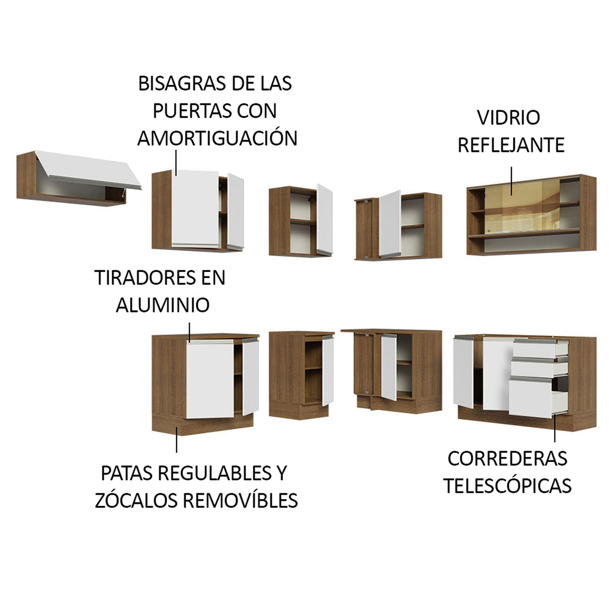 Cocina Integral Glamy Marrón y Blanco 469x225cm sin Mesón para Pozuelo Izquierda y sin Estufa