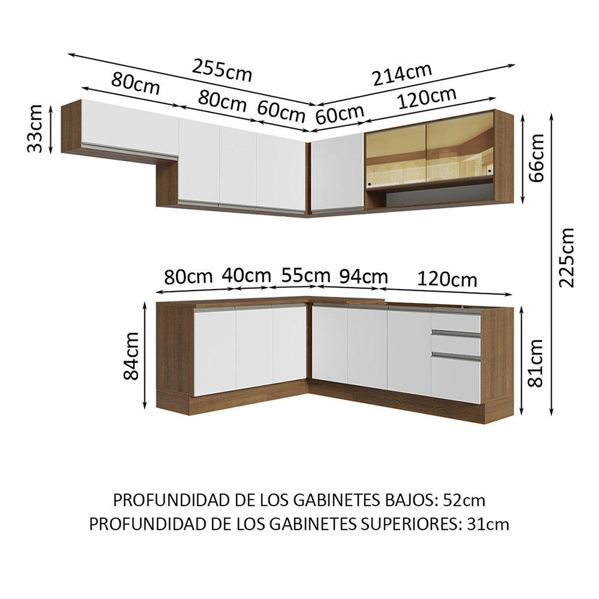 Cocina Integral Glamy Marrón y Blanco 469x225cm sin Mesón para Pozuelo Izquierda y sin Estufa