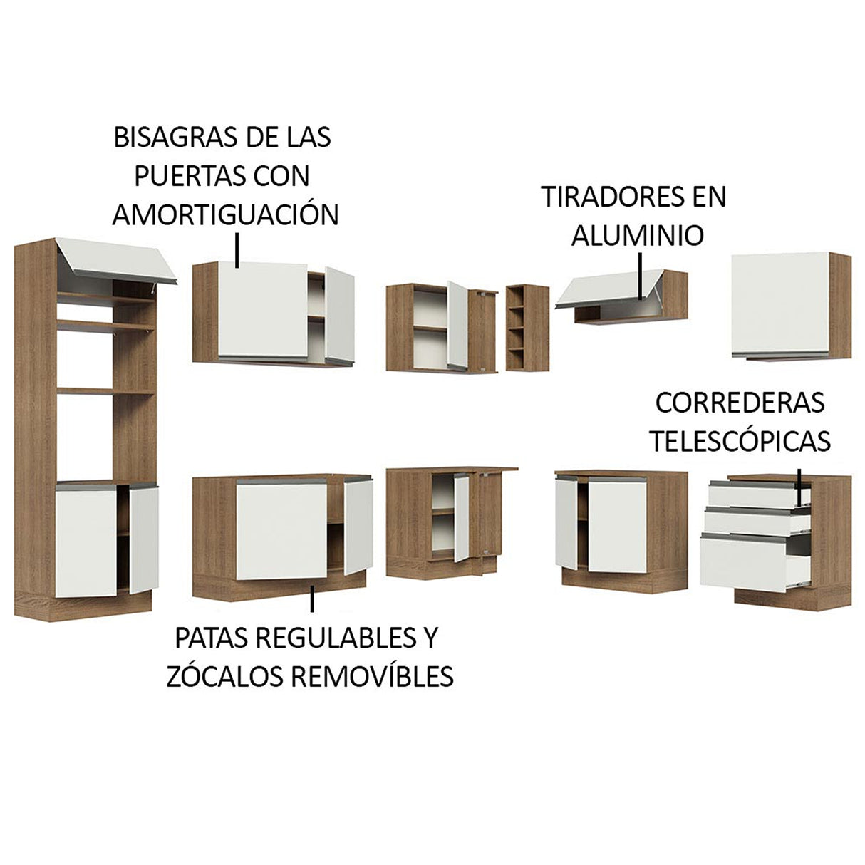 Cocina Integral Glamy Marrón y Blanco 479x225cm sin Mesón para Pozuelo Izquierda y sin Estufa