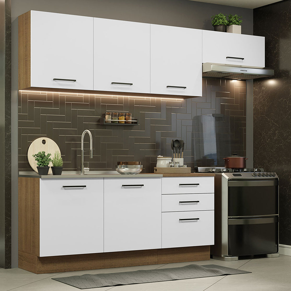 Cocina Integral Agata Marrón y Blanco 260x225cm sin Mesón para Pozuelo Izquierda y sin Estufa