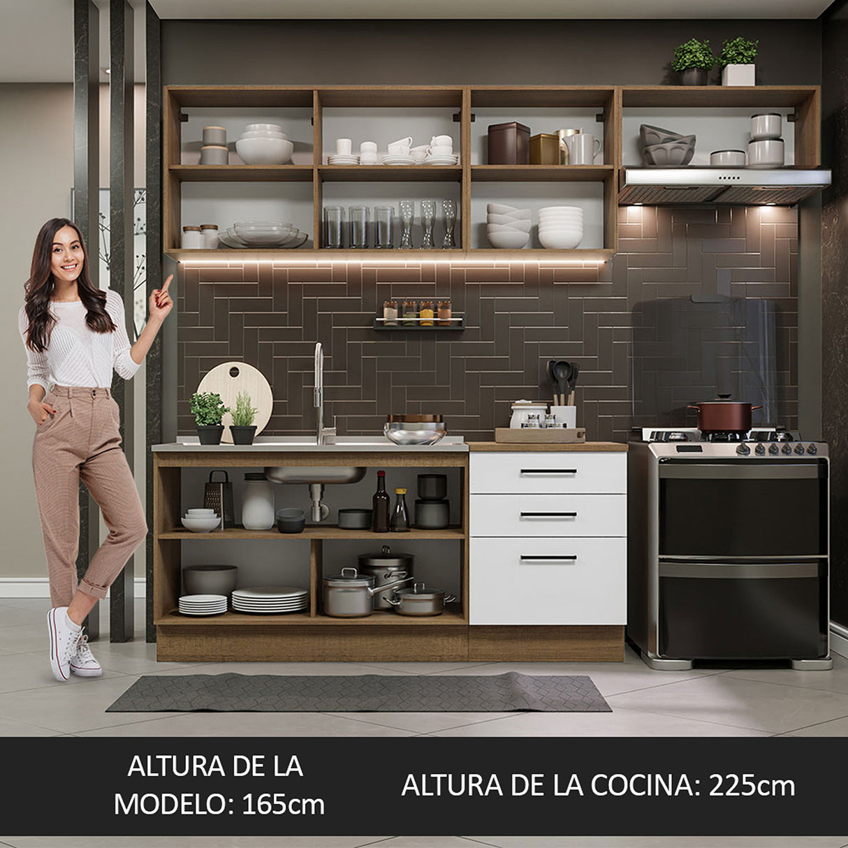 Cocina Integral Agata Marrón y Blanco 260x225cm sin Mesón para Pozuelo Izquierda y sin Estufa