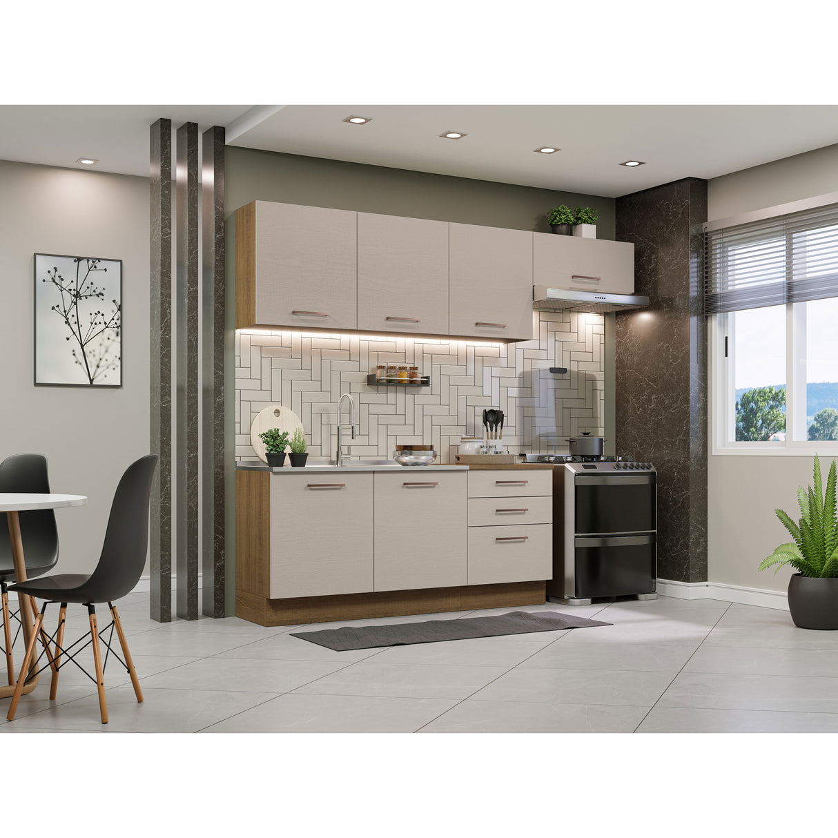 Cocina Integral Agata Marrón y Crema 260x225cm sin Mesón para Pozuelo Izquierda y sin Estufa