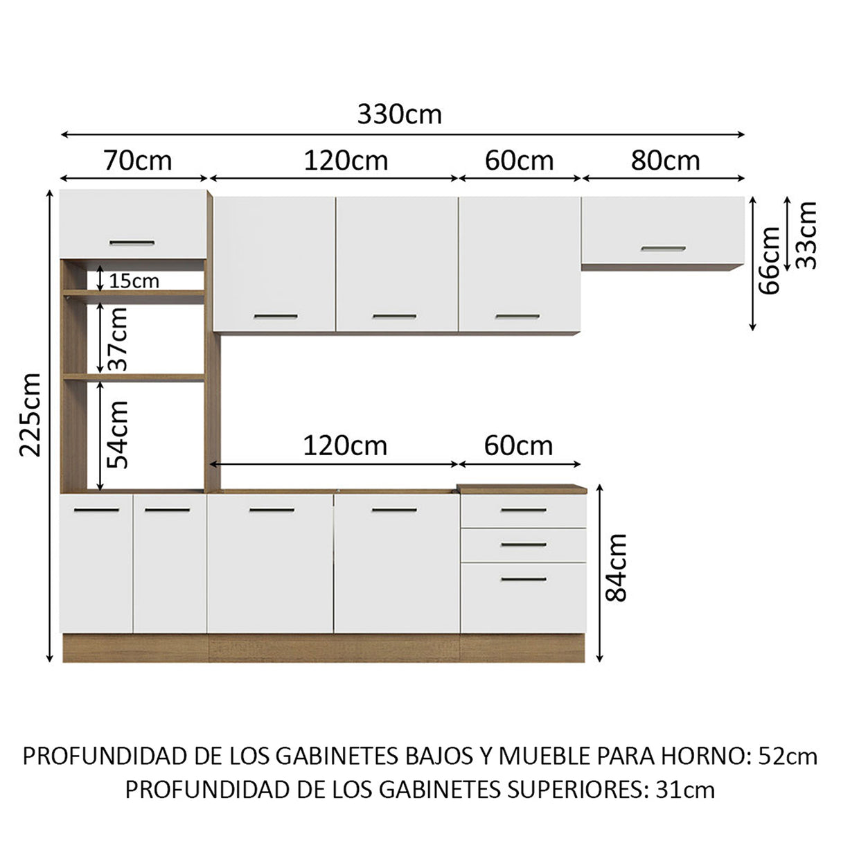 Cocina Integral Agata Marrón y Blanco 330x225cm sin Mesón para Pozuelo Izquierda y sin Estufa