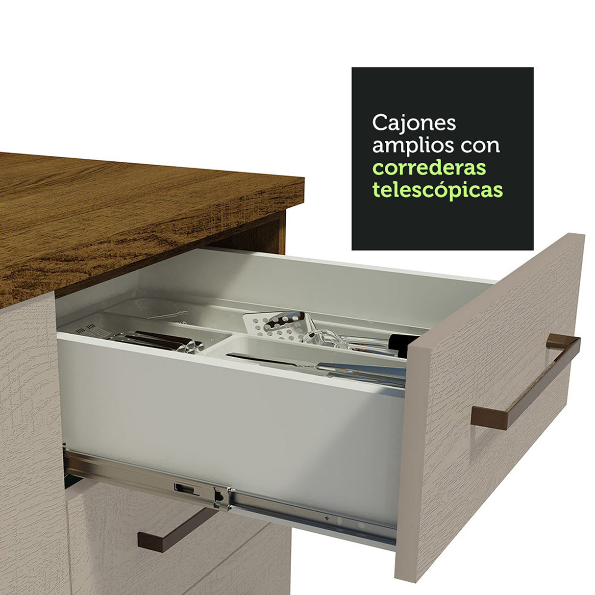 Cocina Integral Agata Marrón y Crema 330x225cm sin Mesón para Pozuelo Izquierda y sin Estufa