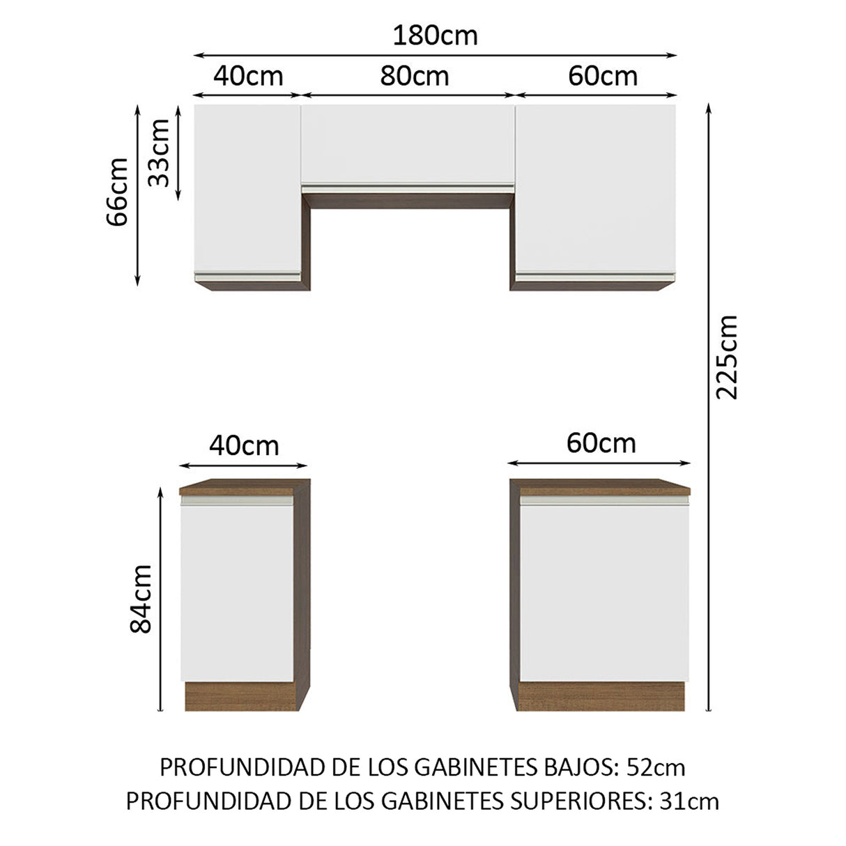 Cocina Integral Glamy Marrón y Blanco 180x225cm con Mesón de Madera Aglomerada Mdp y sin Estufa