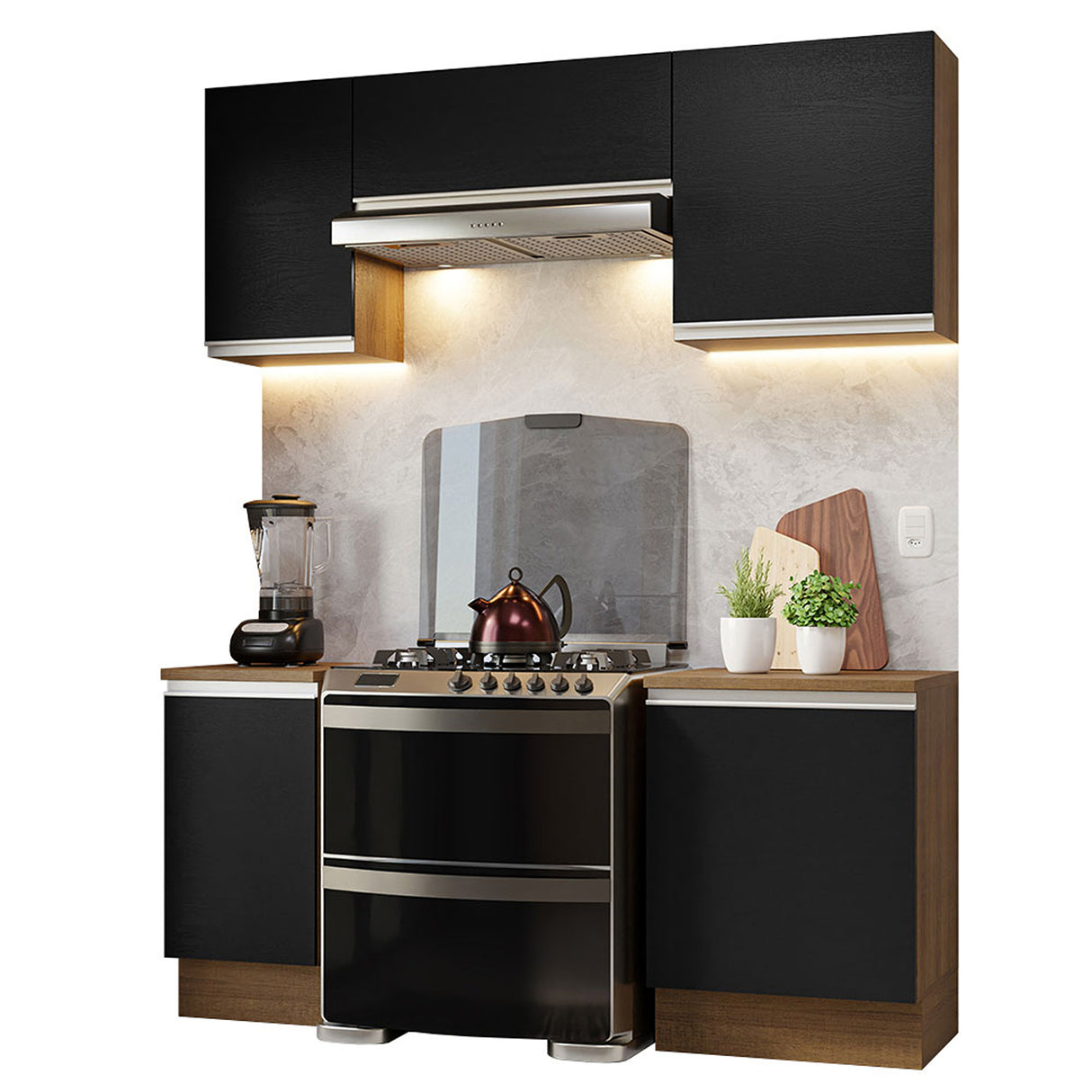 Cocina Integral Glamy Marrón y Negro 180x225cm con Mesón de Madera Aglomerada Mdp y sin Estufa