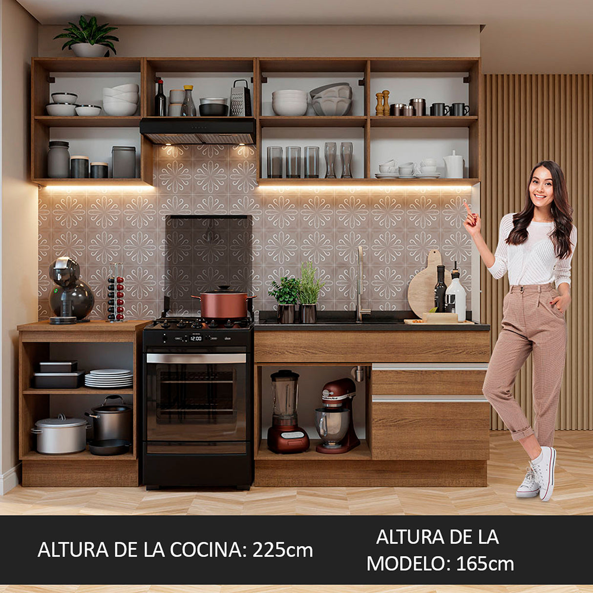 Cocina Integral Glamy Marrón 240x225cm sin Mesón para Pozuelo Izquierda y sin Estufa