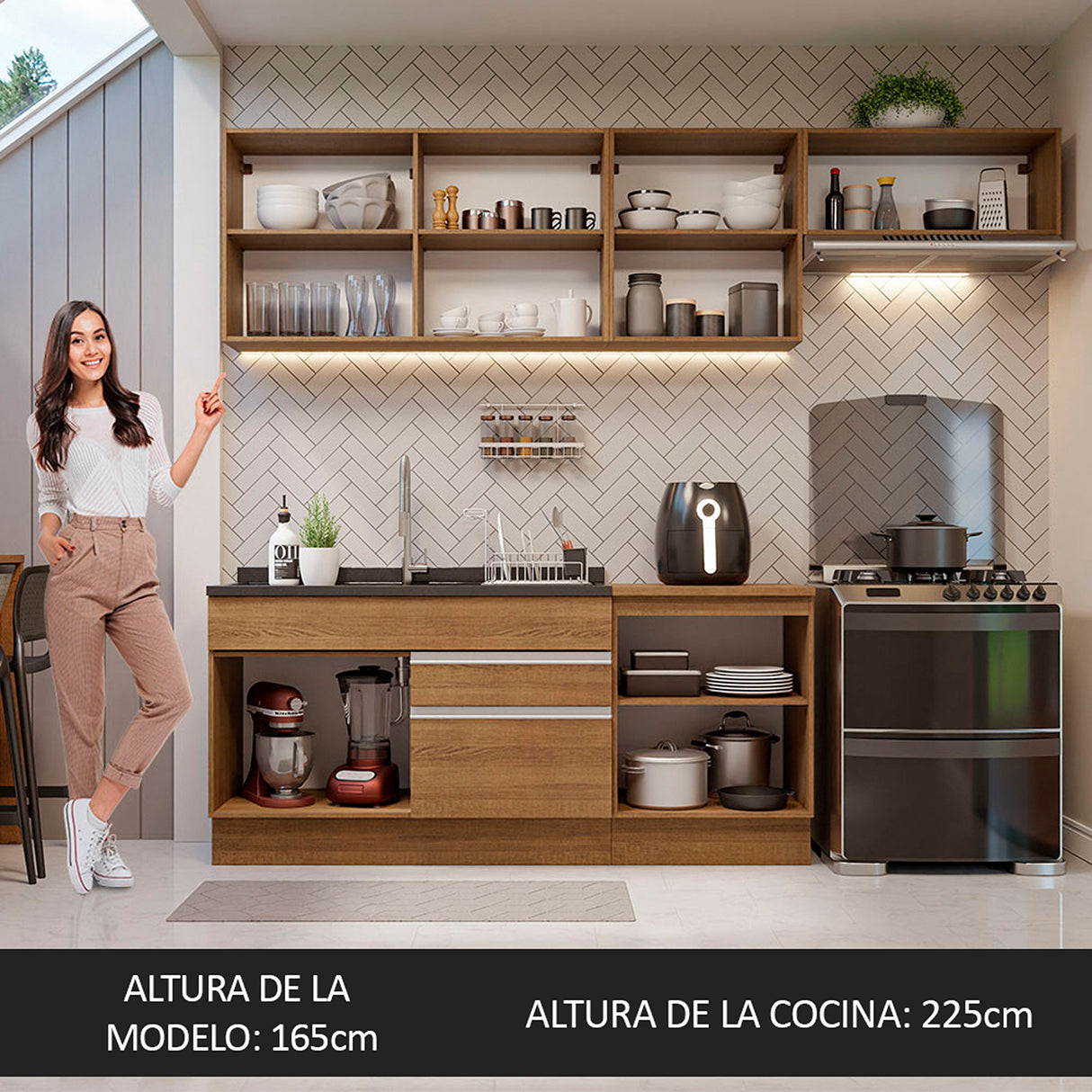 Cocina Integral Glamy Marrón 260x225cm sin Mesón para Pozuelo Izquierda y sin Estufa