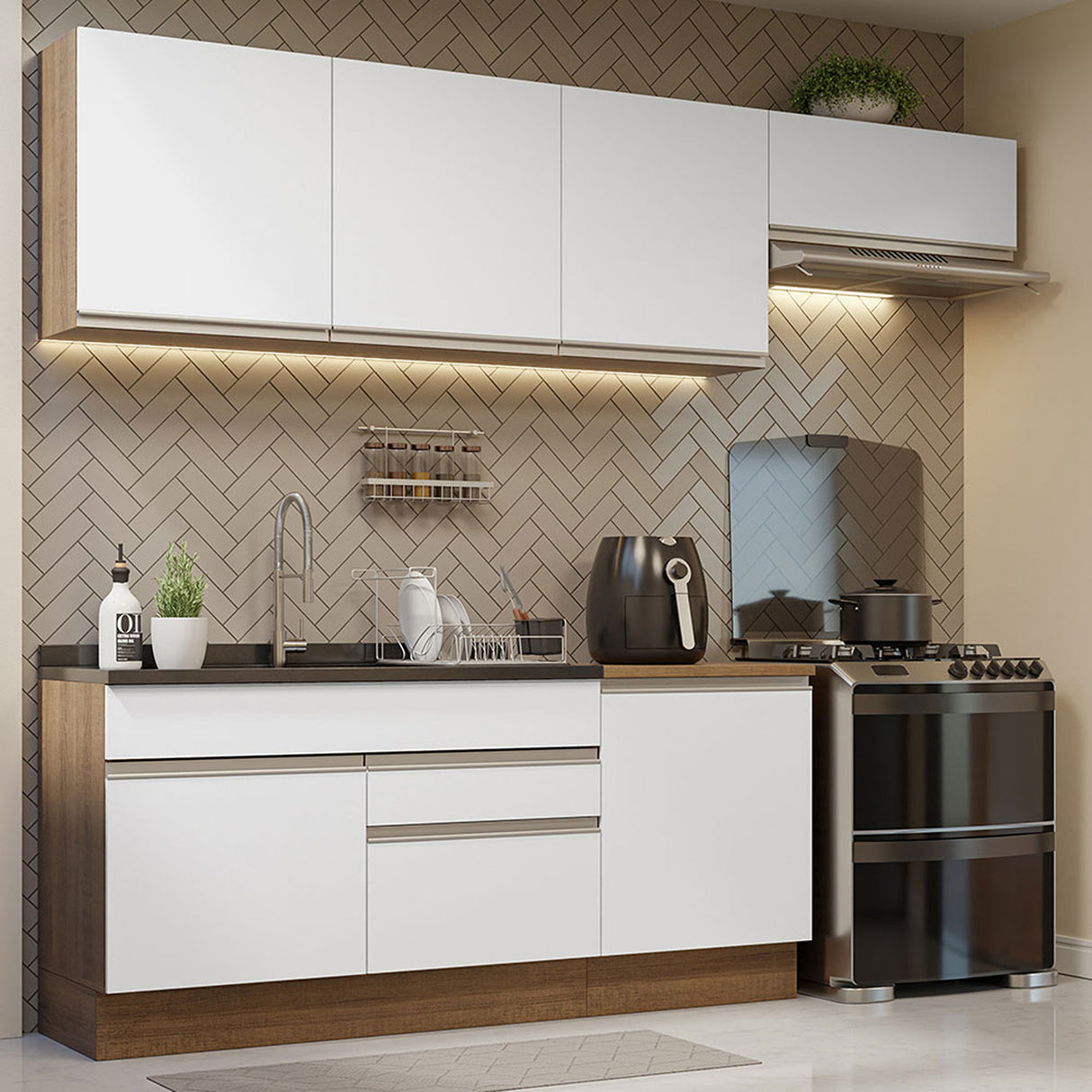 Cocina Integral Glamy Marrón y Blanco 260x225cm sin Mesón para Pozuelo Izquierda y sin Estufa