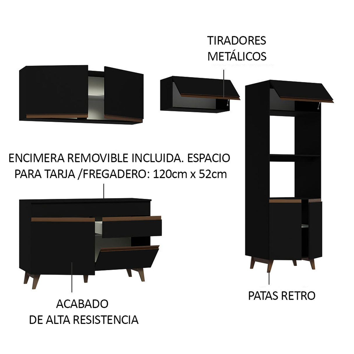 Cocina Integral Reims Negro 260x210cm con Mesón de Madera Aglomerada Mdp y sin Estufa