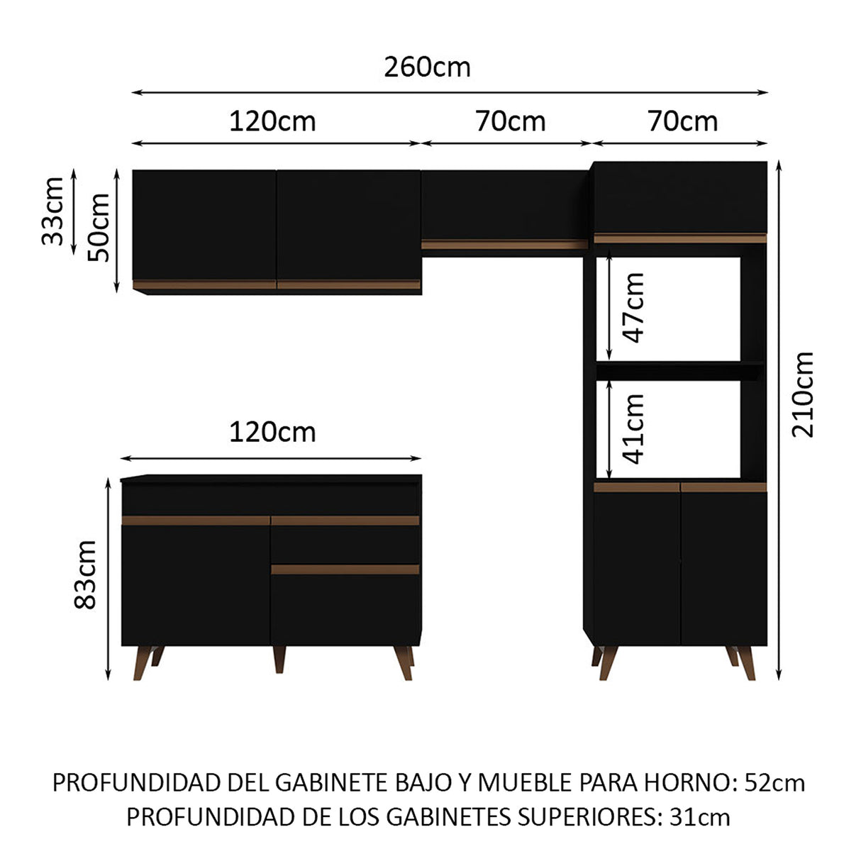 Cocina Integral Reims Negro 260x210cm con Mesón de Madera Aglomerada Mdp y sin Estufa
