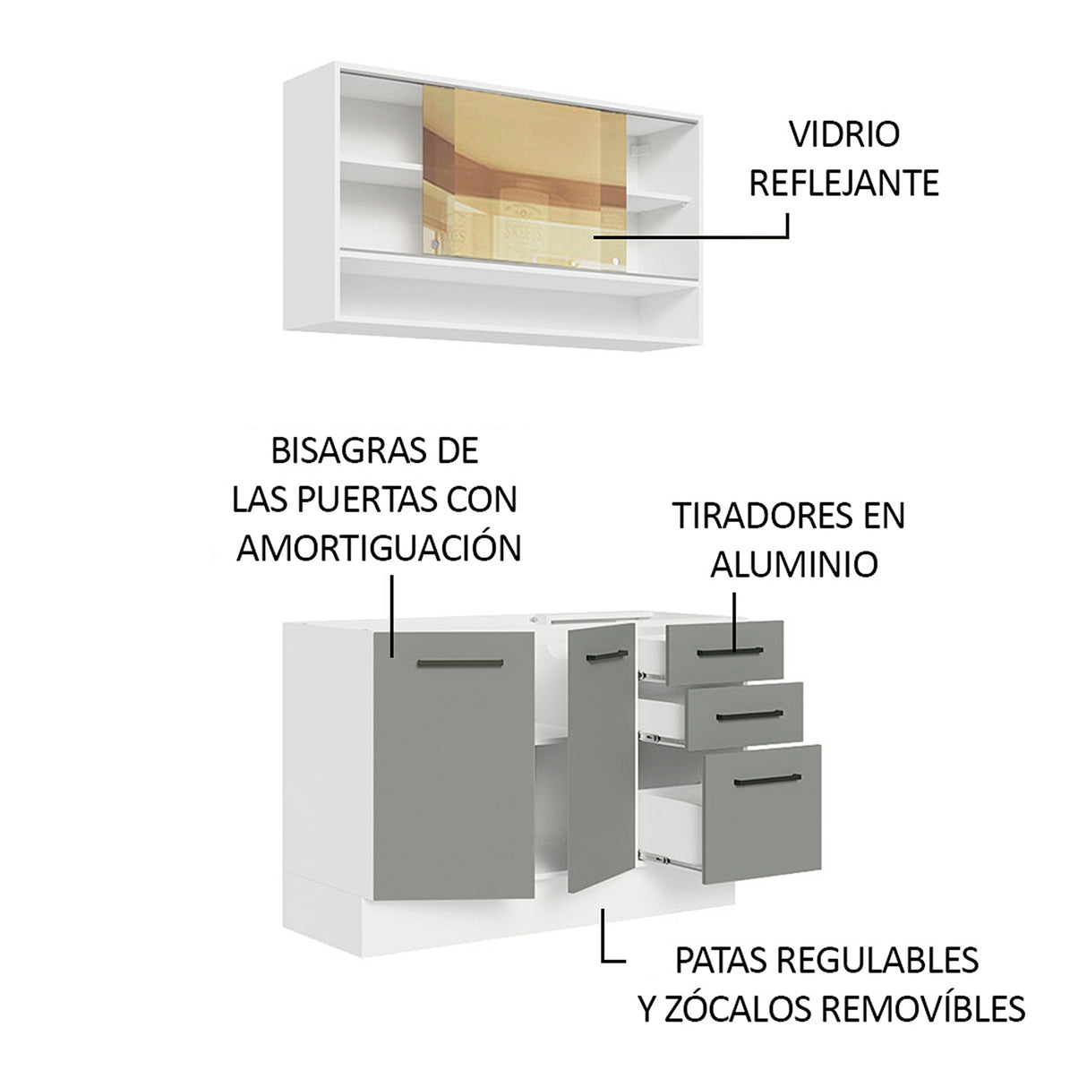 Cocina Integral Agata Blanco y Gris 120x225cm sin Mesón para Pozuelo Izquierda y sin Estufa