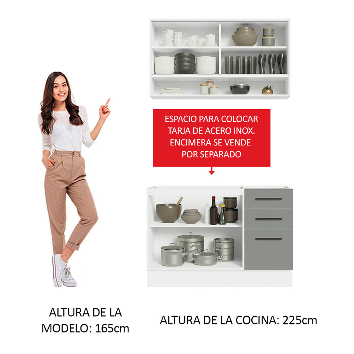Cocina Integral Agata Blanco y Gris 120x225cm sin Mesón para Pozuelo Izquierda y sin Estufa