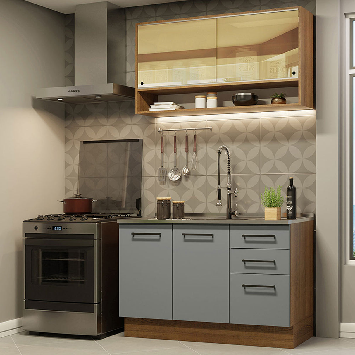 Cocina Integral Agata Marrón y Gris 120x225cm sin Mesón para Pozuelo Izquierda y sin Estufa
