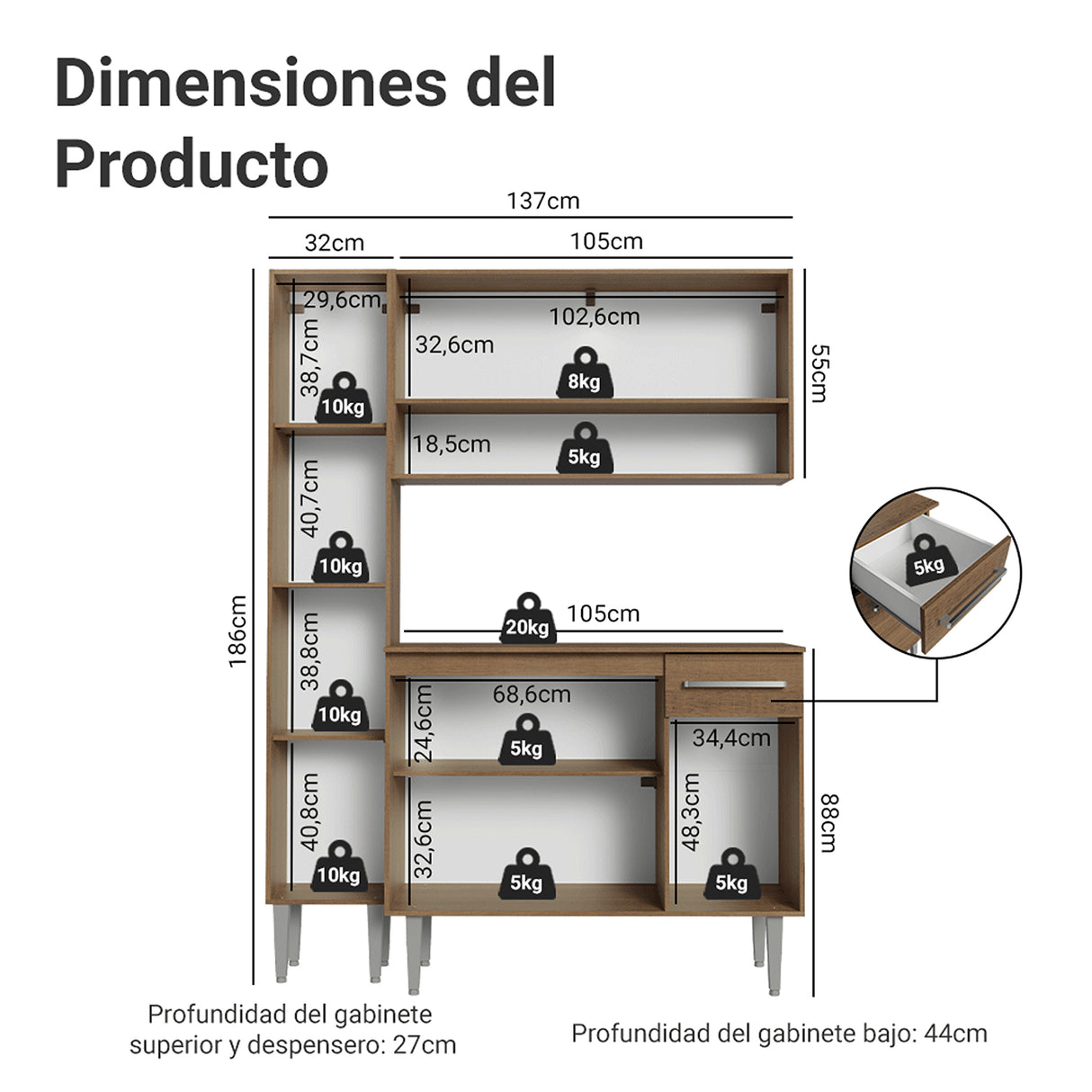Cocina Integral Emily Marrón 137x186cm con Mesón de Madera Aglomerada Mdf con Siete Puertas y sin Estufa