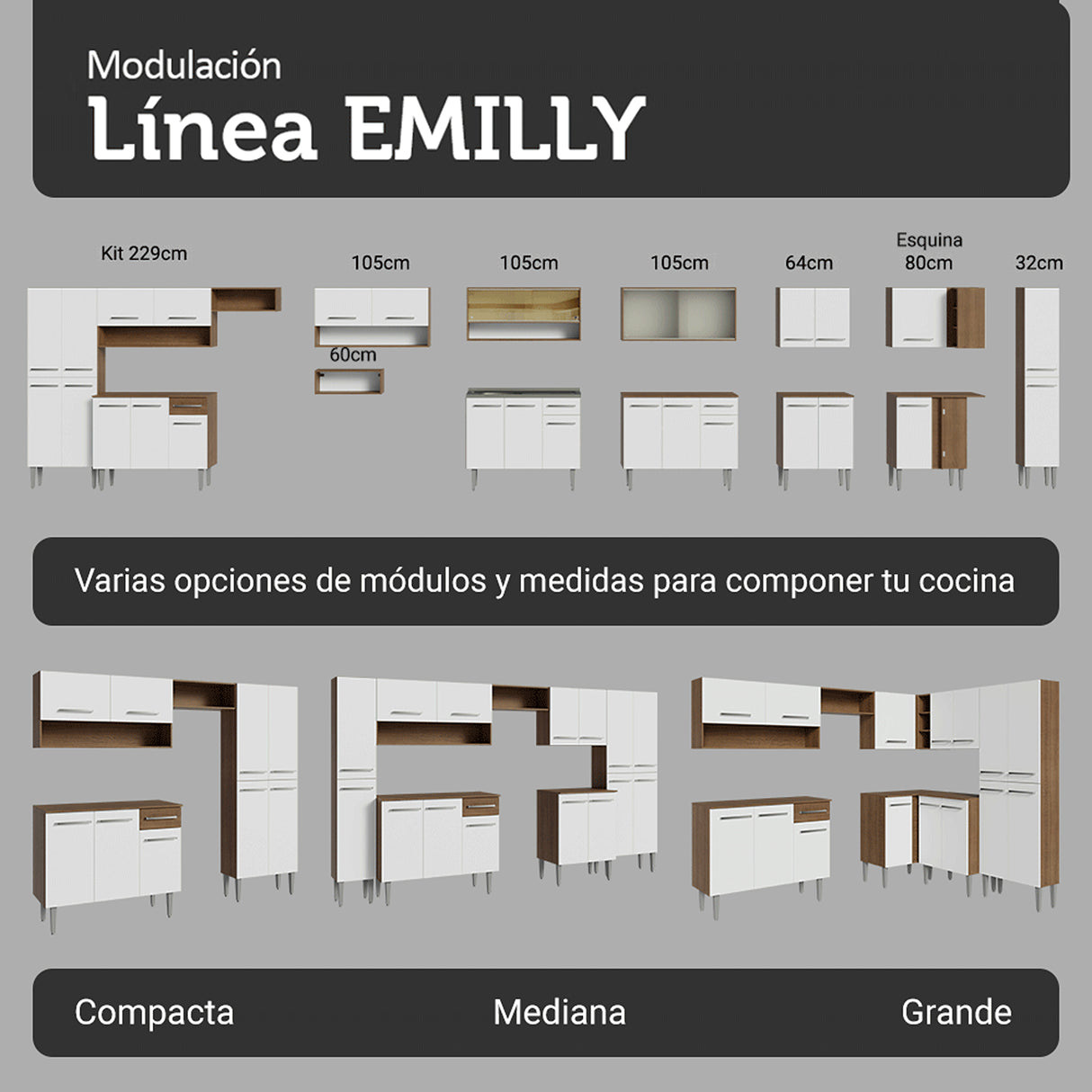 Cocina Integral Emily Marrón y Blanco 229x186cm con Mesón de Madera Aglomerada Mdp con Nueve Puertas y sin Estufa