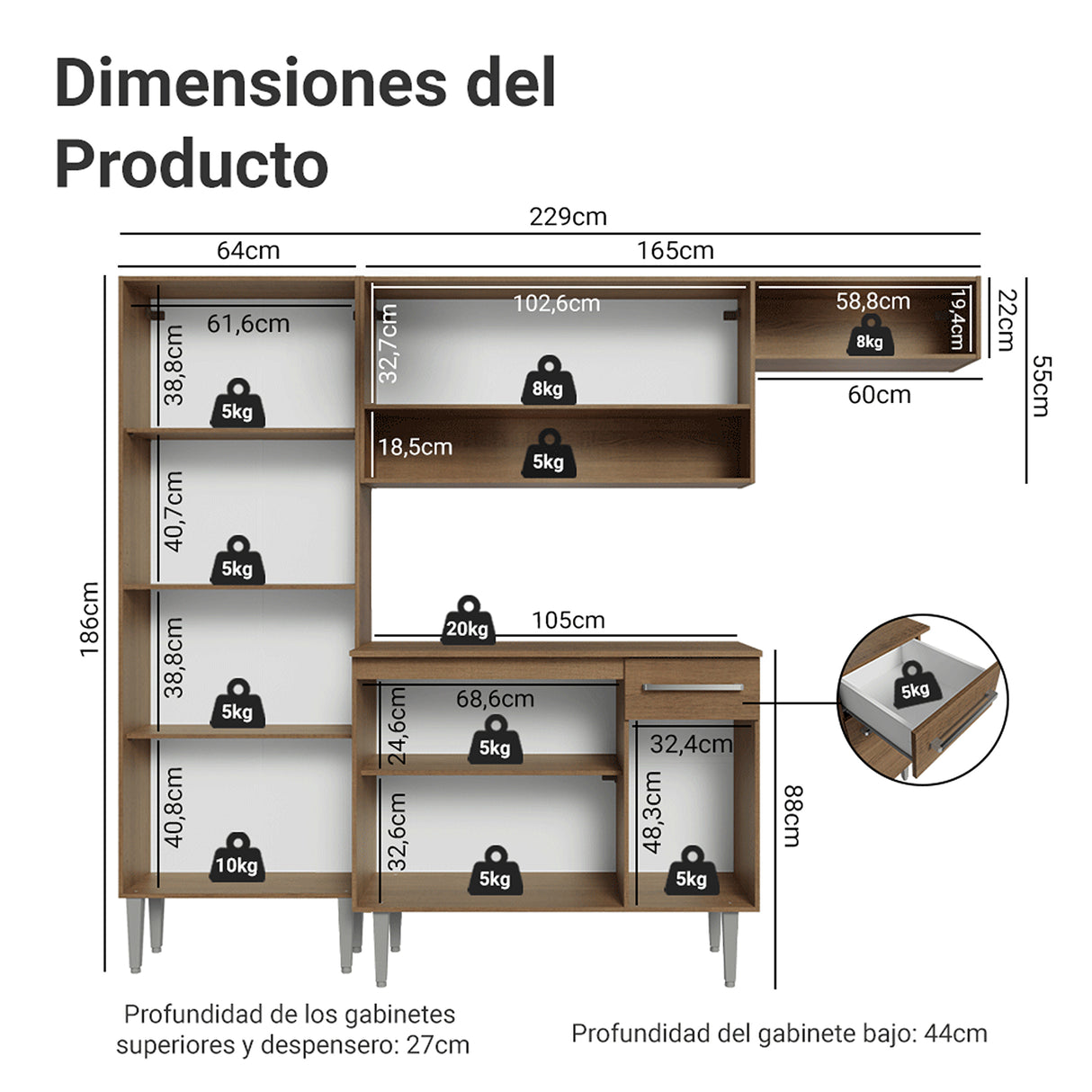 Cocina Integral Emily Marrón y Blanco 229x186cm con Mesón de Madera Aglomerada Mdp con Nueve Puertas y sin Estufa