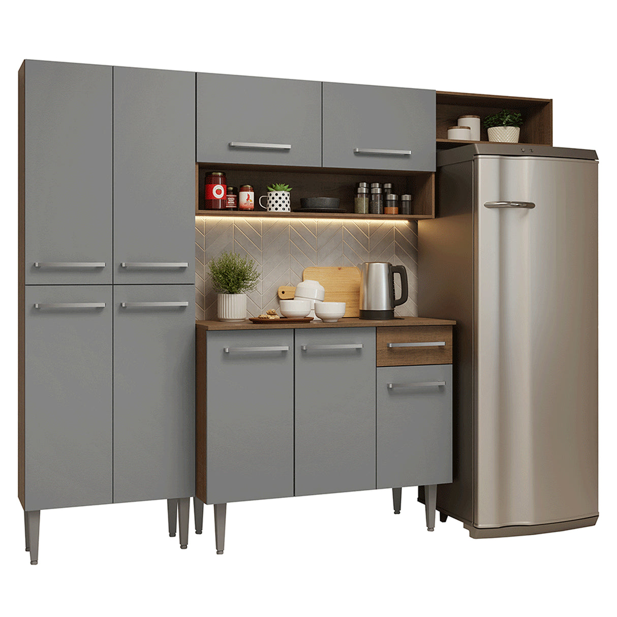 Cocina Integral Emily Marrón y Gris 229x186cm con Mesón de Madera Aglomerada Mdp con Nueve Puertas y sin Estufa