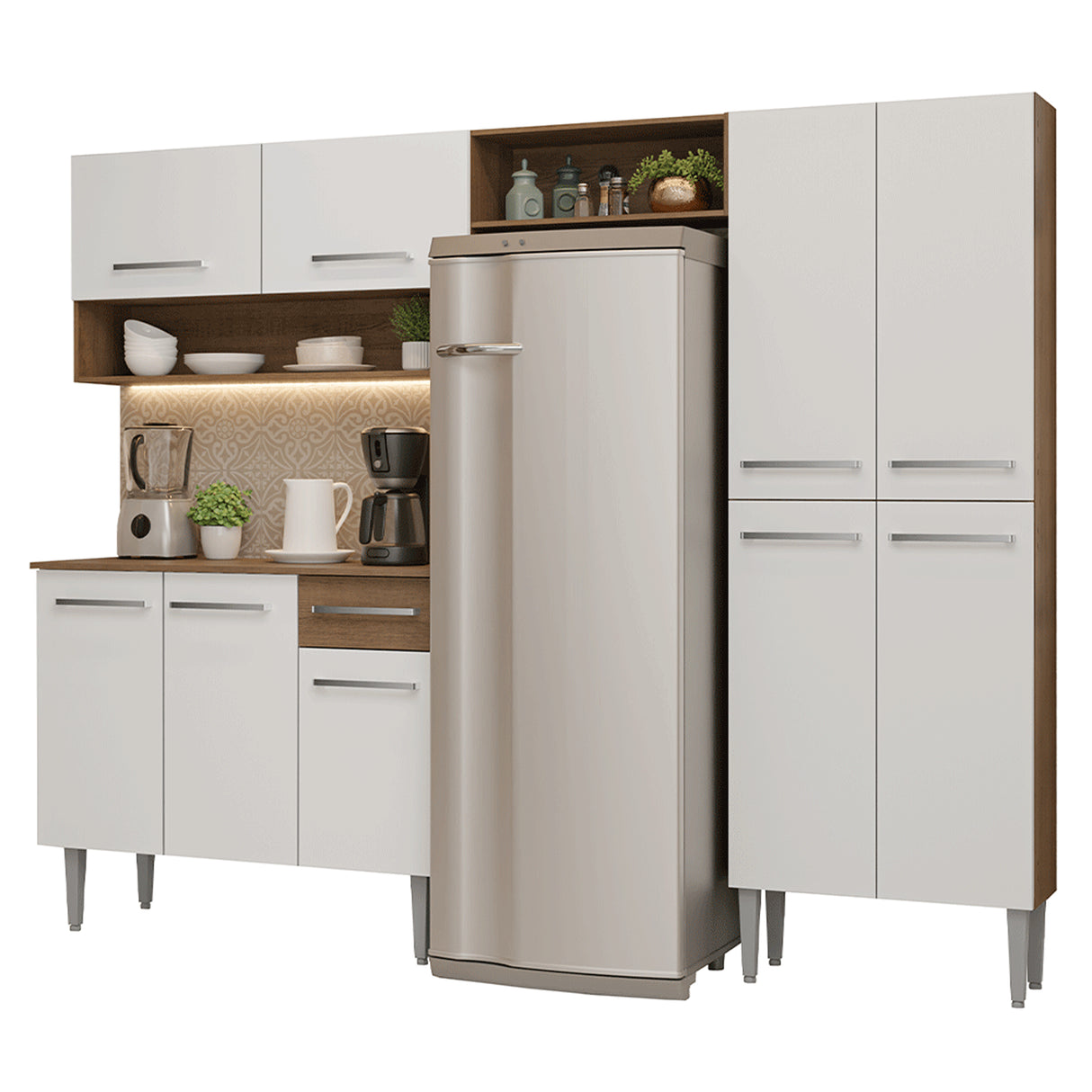 Cocina Integral Emily Marrón y Blanco 229x186cm con Mesón de Madera Aglomerada Mdp y sin Estufa