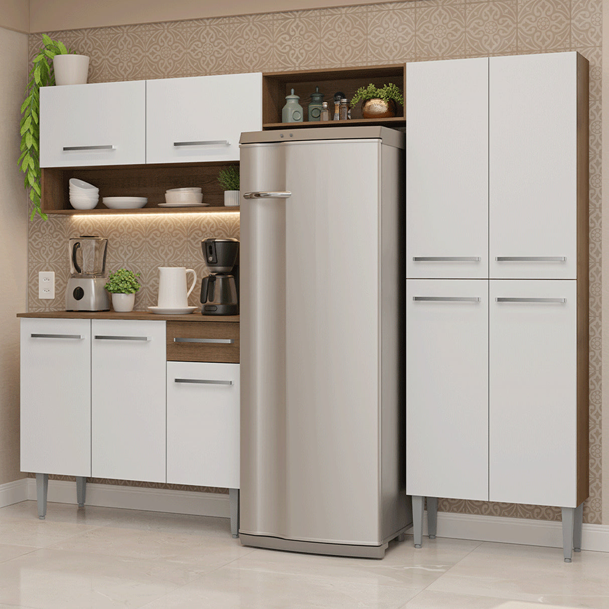 Cocina Integral Emily Marrón y Blanco 229x186cm con Mesón de Madera Aglomerada Mdp y sin Estufa