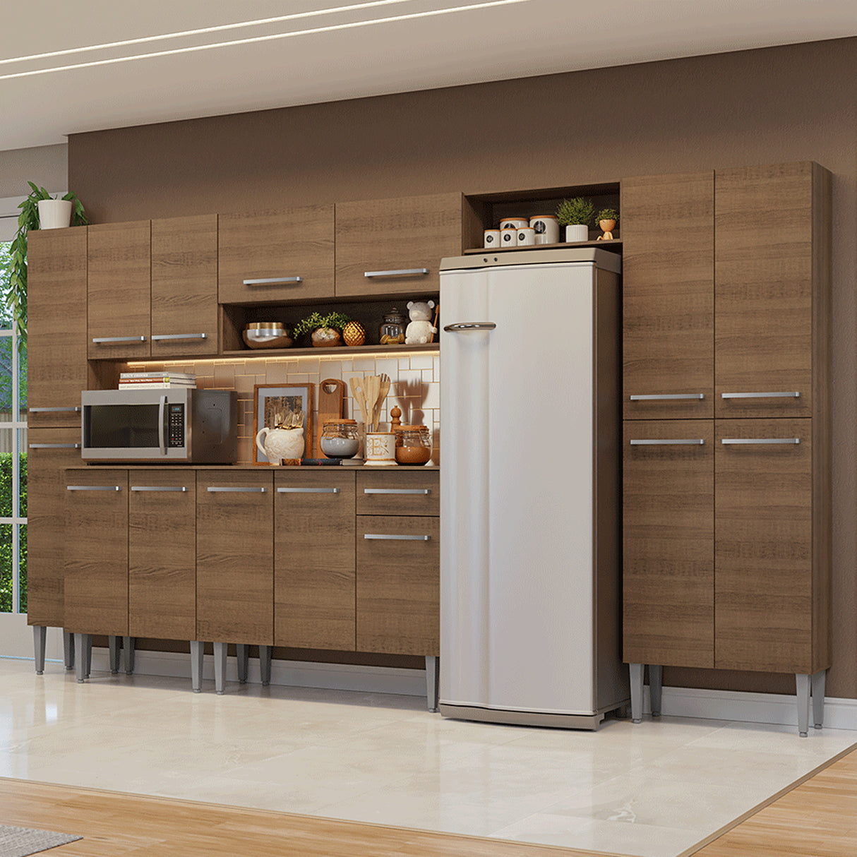 Cocina Integral Emily Marrón 325x186cm con Mesón de Madera Aglomerada Mdp y sin Estufa