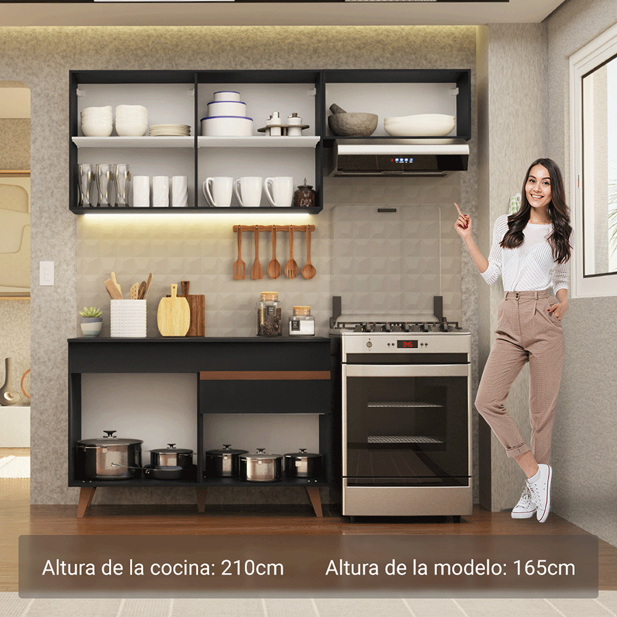 Cocina Integral Reims Negro 190x210cm con Mesón de Madera Aglomerada Mdp con Cinco Puertas y sin Estufa
