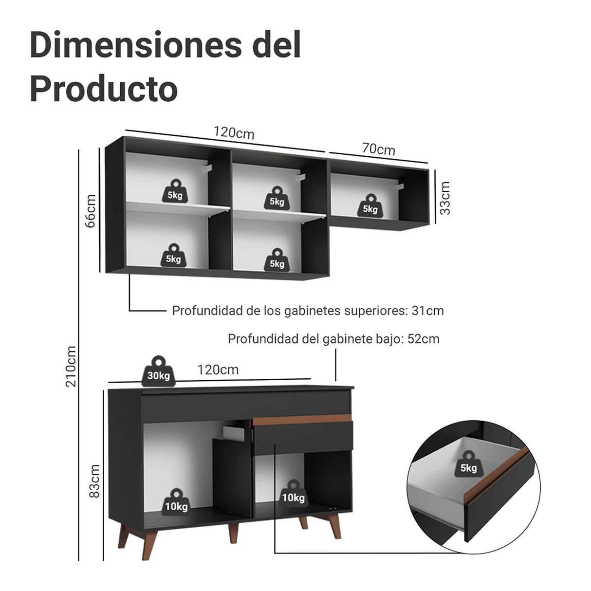 Cocina Integral Reims Negro 190x210cm con Mesón de Madera Aglomerada Mdp con Cinco Puertas y sin Estufa