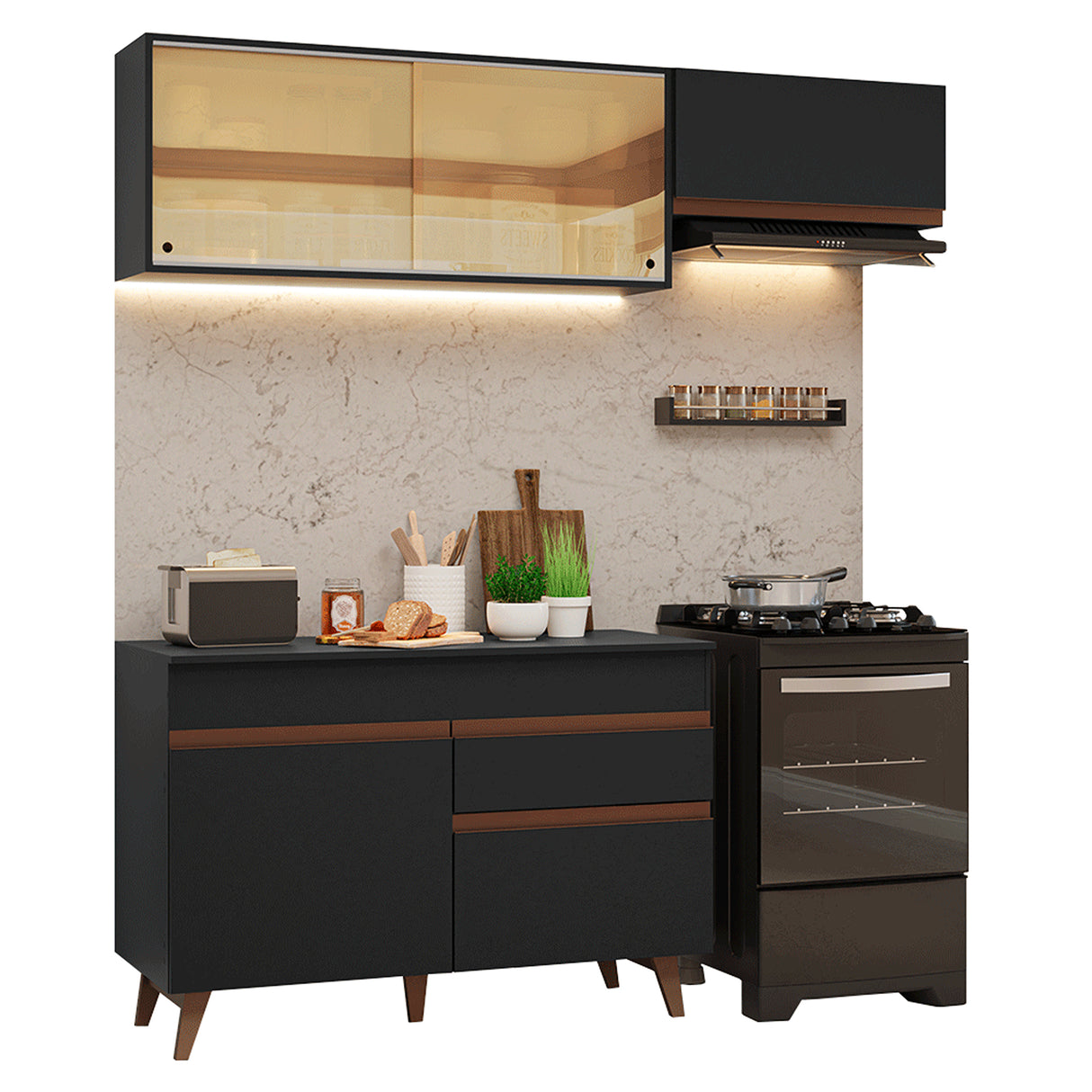 Cocina Integral Reims Negro 190x210cm con Mesón de Madera Aglomerada Mdp Con Puertas Traslucidas y sin Estufa