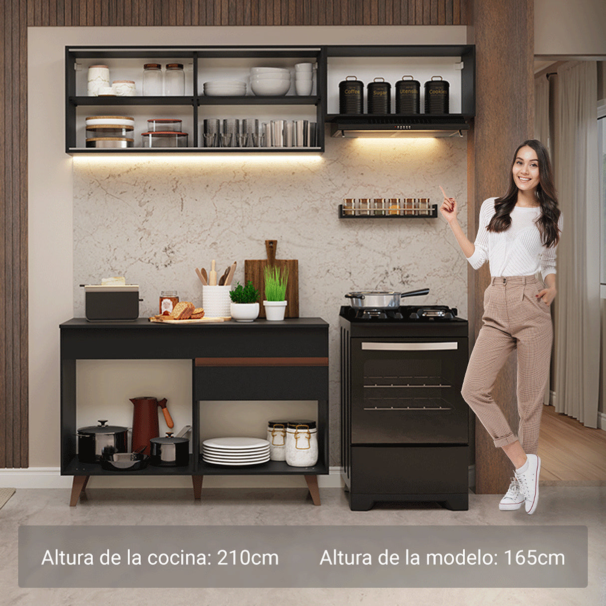Cocina Integral Reims Negro 190x210cm con Mesón de Madera Aglomerada Mdp Con Puertas Traslucidas y sin Estufa