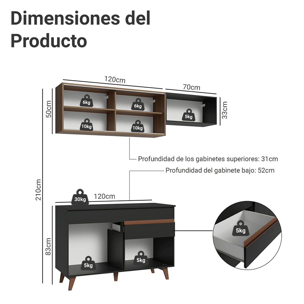 Cocina Integral Reims Negro y Marrón 190x210cm con Mesón de Madera Aglomerada Mdp con Cinco Puertas y sin Estufa