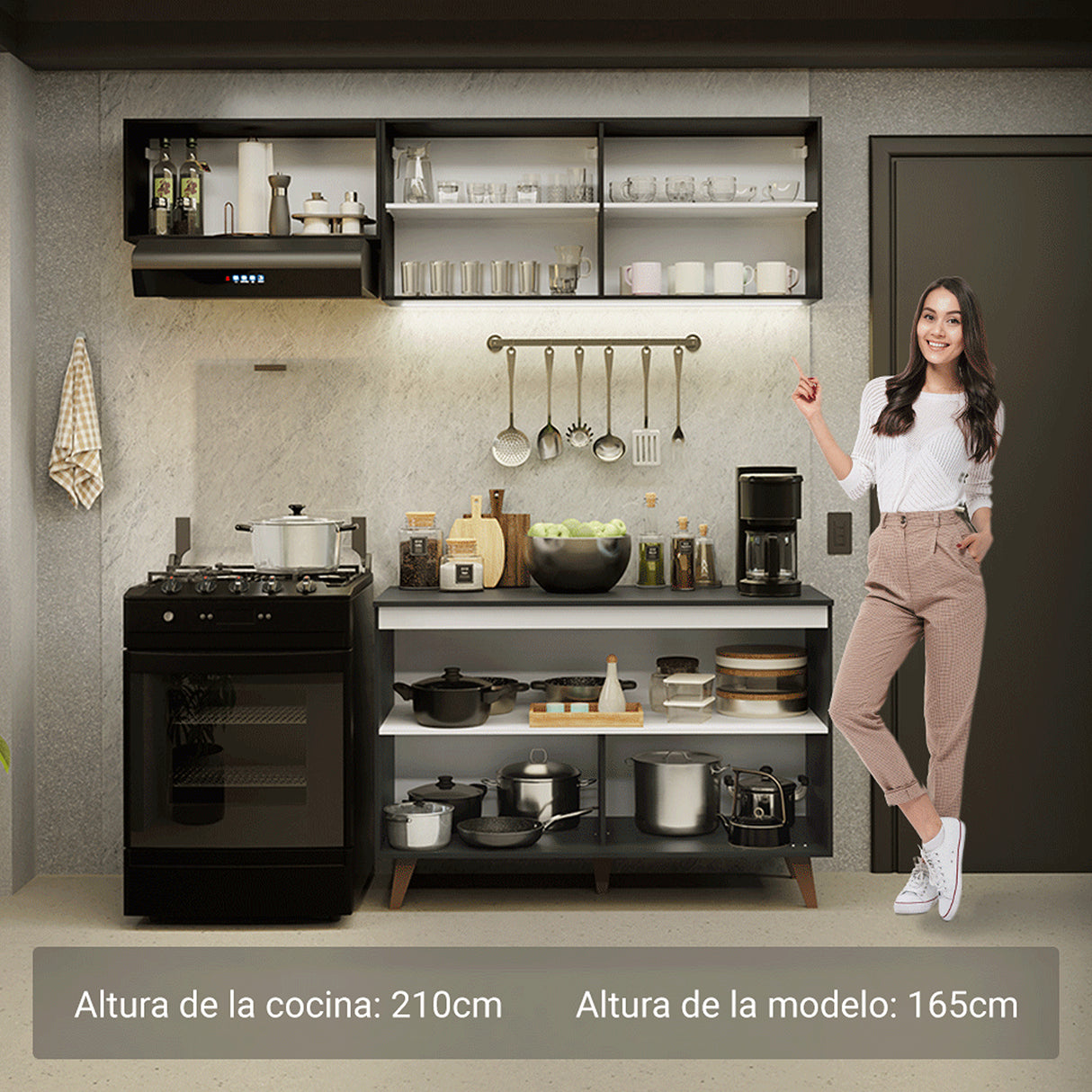 Cocina Integral Reims Negro 190x210cm con Mesón de Madera Aglomerada Mdp y sin Estufa