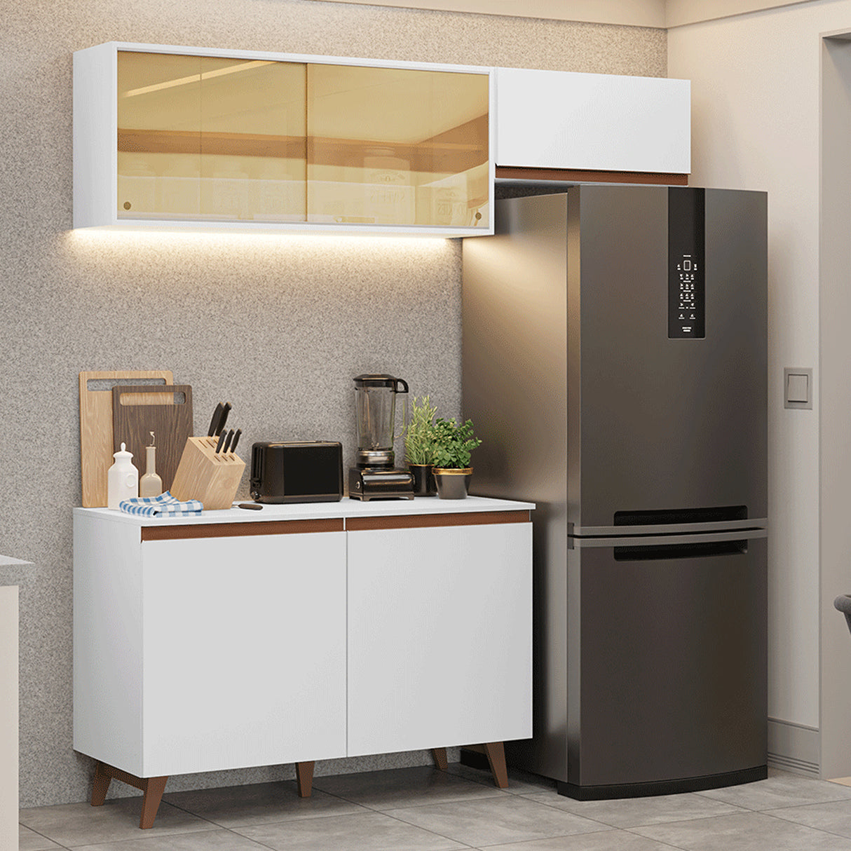 Cocina Integral Reims Blanco 190x210cm con Mesón de Madera Aglomerada Mdp y sin Estufa