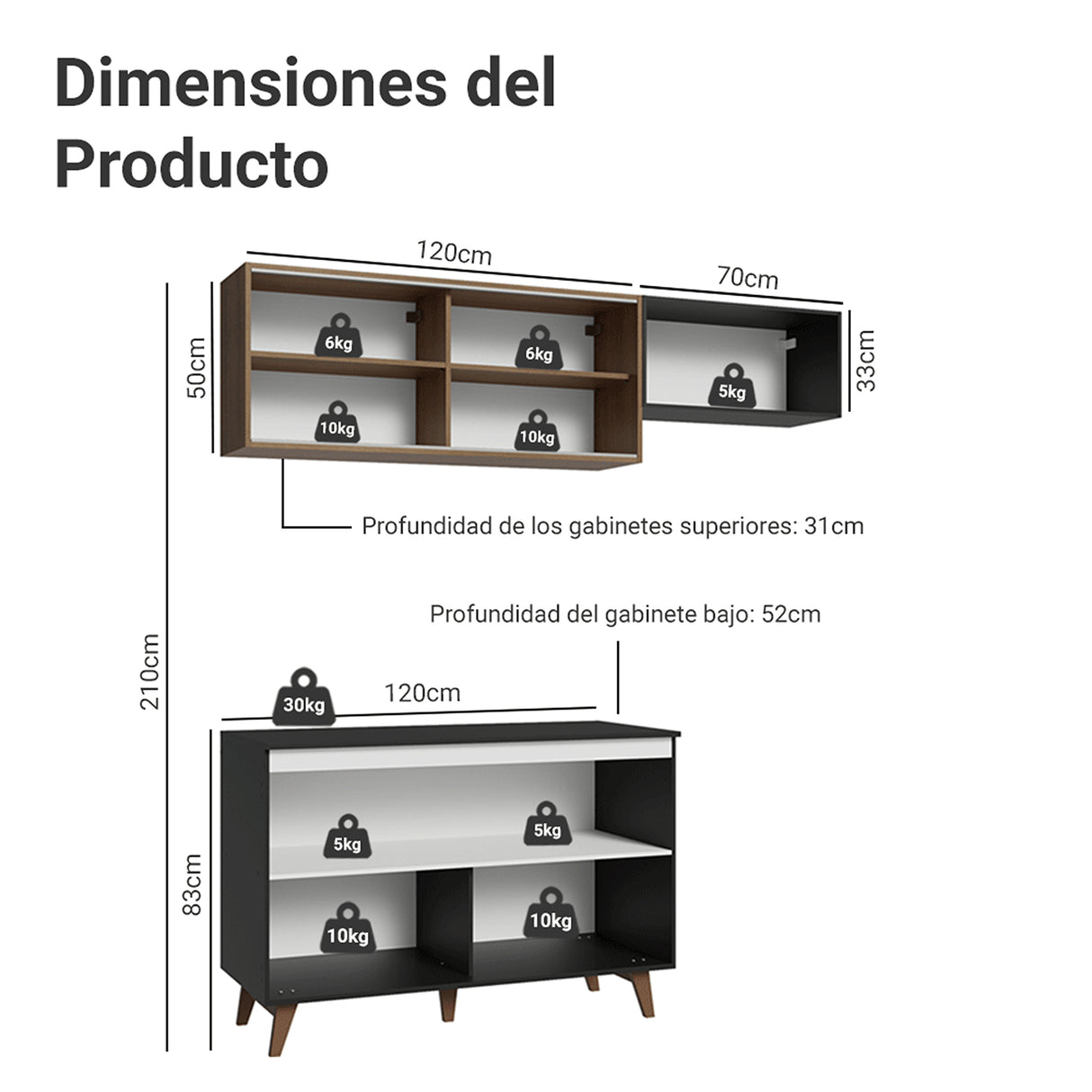 Cocina Integral Reims Negro y Marrón 190x210cm con Mesón de Madera Aglomerada Mdp y sin Estufa