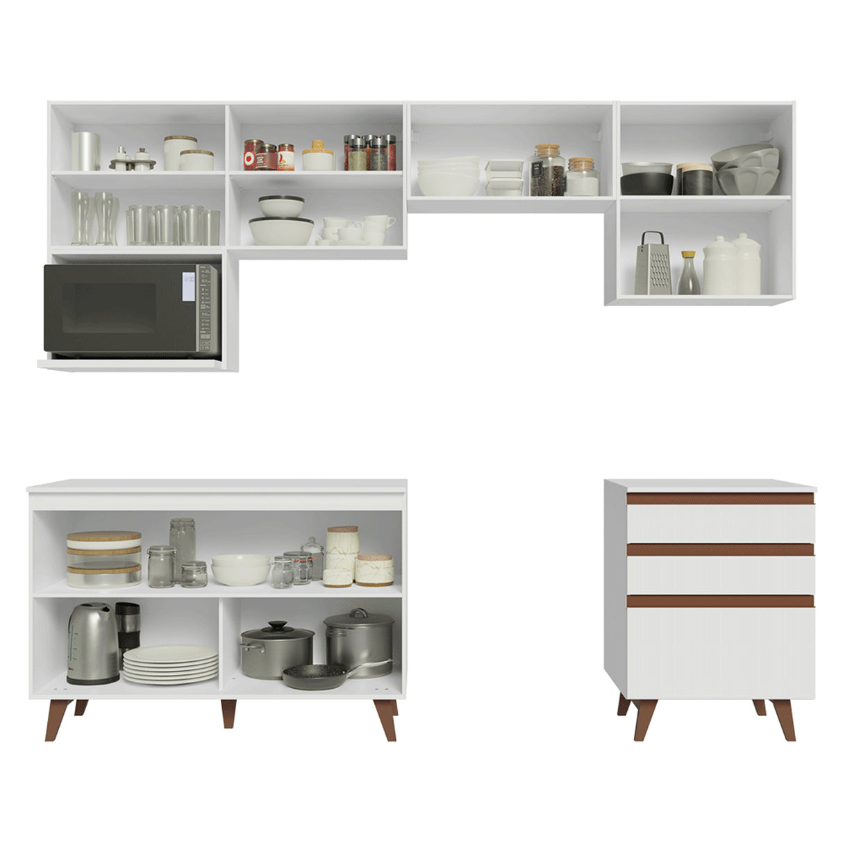 Cocina Integral Reims Blanco 250x210cm con Mesón de Madera Aglomerada Mdp con Espacio para Microondas Izquierdo y sin Estufa