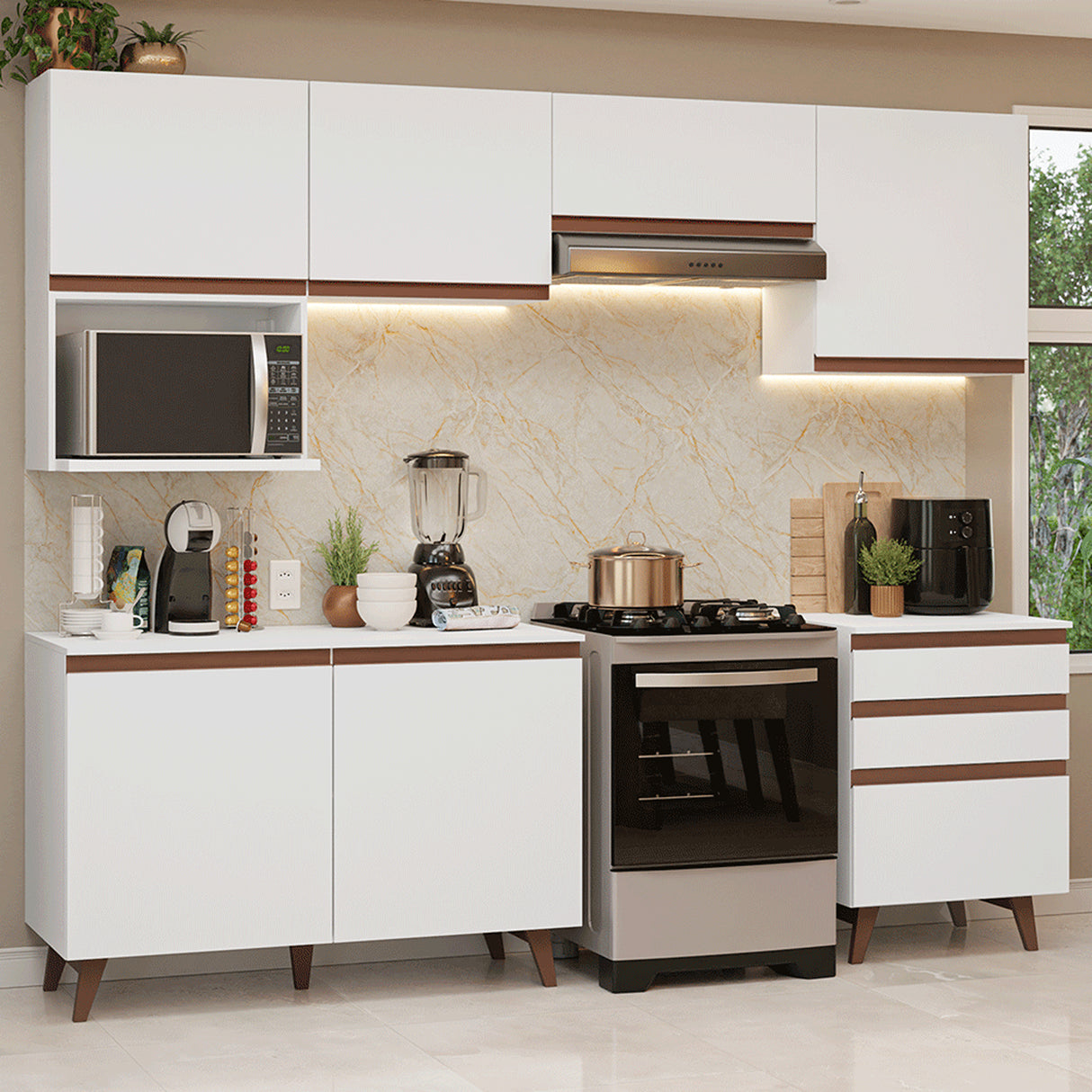 Cocina Integral Reims Blanco 250x210cm con Mesón de Madera Aglomerada Mdp con Espacio para Microondas Izquierdo y sin Estufa