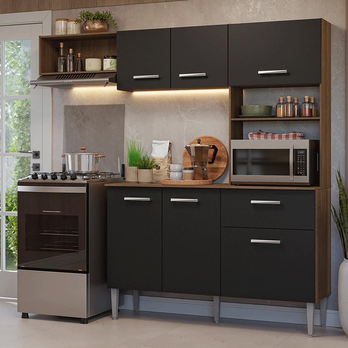 Cocina Integral Aura Marrón y Negro 196x187cm con Mesón de Madera Aglomerada Mdp y sin Estufa