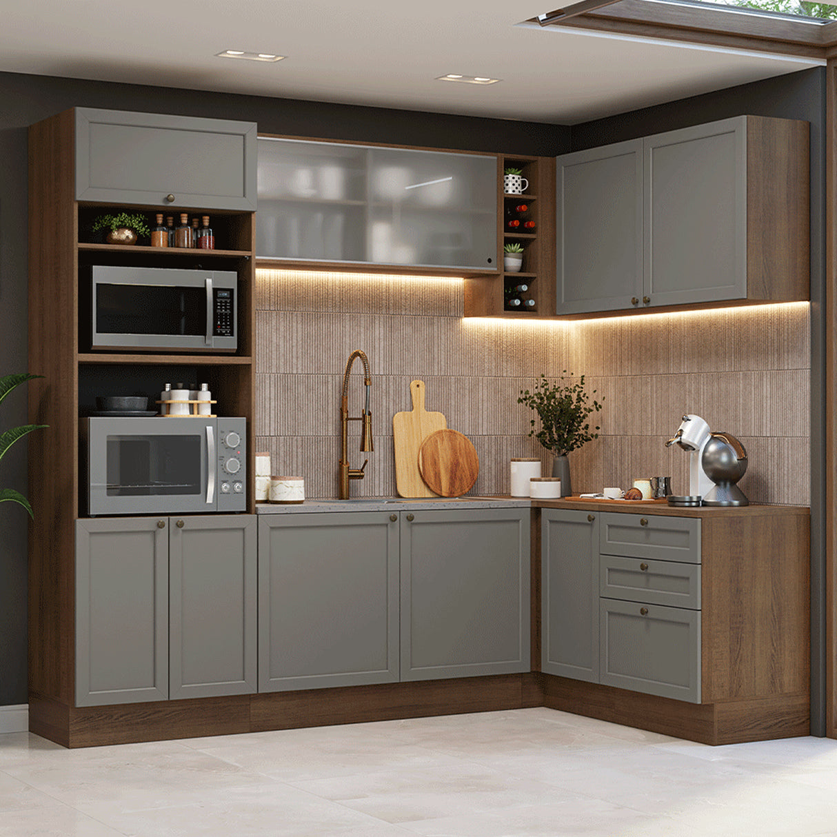 Cocina Integral Vik Marrón y Gris 399x225cm sin Mesón para Pozuelo Izquierda y sin Estufa