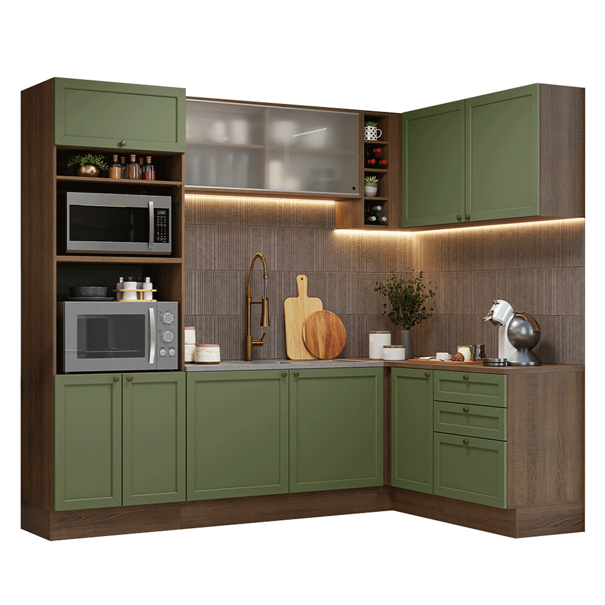 Cocina Integral Vik Marrón y Verde 399x225cm sin Mesón para Pozuelo Izquierda con Puertas de Vidrio y sin Estufa