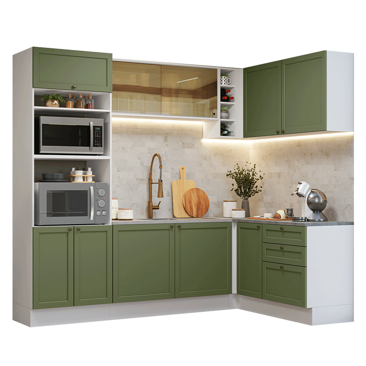 Cocina Integral Vik Blanco y Verde 399x225cm sin Mesón para Pozuelo Izquierda y sin Estufa
