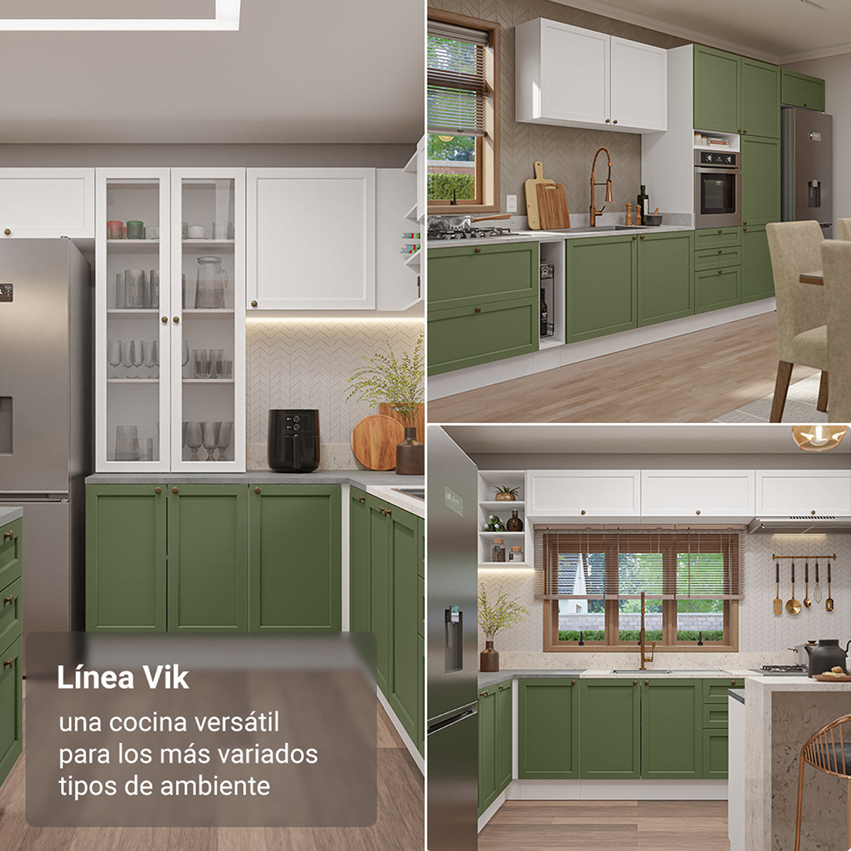 Cocina Integral Vik Blanco y Verde 399x225cm sin Mesón para Pozuelo Izquierda y sin Estufa